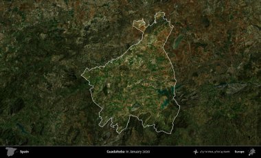 Guadalteba. İspanya 'nın idari alanı, Ocak 2020' de çekilen Global Mozaik Sentinel-2 karolarından oluşan koyu renkli bir uydu görüntüsü üzerinde vurgulandı ve özetlendi.