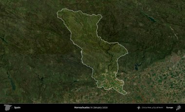 Hornachuelos. İspanya 'nın idari alanı, Ocak 2020' de çekilen Global Mozaik Sentinel-2 karolarından oluşan koyu renkli bir uydu görüntüsü üzerinde vurgulandı ve özetlendi.