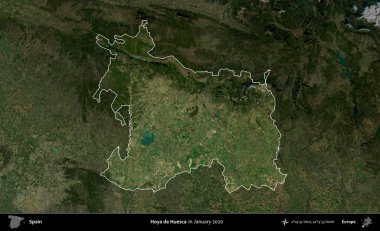 Hoya de Huesca. İspanya 'nın idari alanı, Ocak 2020' de çekilen Global Mozaik Sentinel-2 karolarından oluşan koyu renkli bir uydu görüntüsü üzerinde vurgulandı ve özetlendi.