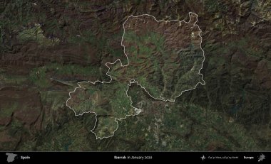 İbarrak. İspanya 'nın idari alanı, Ocak 2020' de çekilen Global Mozaik Sentinel-2 karolarından oluşan koyu renkli bir uydu görüntüsü üzerinde vurgulandı ve özetlendi.