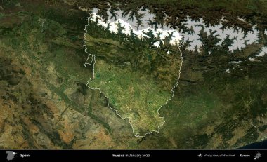 Huesca. İspanya 'nın idari alanı, Ocak 2020' de çekilen Global Mozaik Sentinel-2 karolarından oluşan koyu renkli bir uydu görüntüsü üzerinde vurgulandı ve özetlendi.