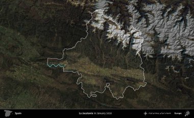La Jacetania 'da. İspanya 'nın idari alanı, Ocak 2020' de çekilen Global Mozaik Sentinel-2 karolarından oluşan koyu renkli bir uydu görüntüsü üzerinde vurgulandı ve özetlendi.