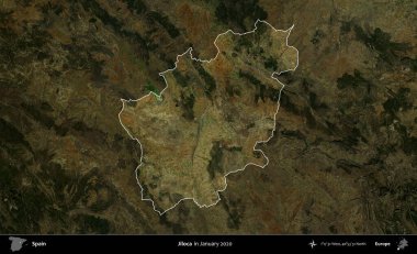 Jiloca. İspanya 'nın idari alanı, Ocak 2020' de çekilen Global Mozaik Sentinel-2 karolarından oluşan koyu renkli bir uydu görüntüsü üzerinde vurgulandı ve özetlendi.