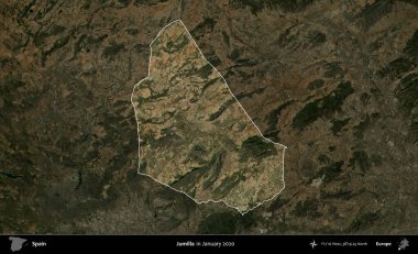 Jumilla. İspanya 'nın idari alanı, Ocak 2020' de çekilen Global Mozaik Sentinel-2 karolarından oluşan koyu renkli bir uydu görüntüsü üzerinde vurgulandı ve özetlendi.