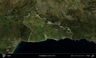 La Axarquia 'da. İspanya 'nın idari alanı, Ocak 2020' de çekilen Global Mozaik Sentinel-2 karolarından oluşan koyu renkli bir uydu görüntüsü üzerinde vurgulandı ve özetlendi.