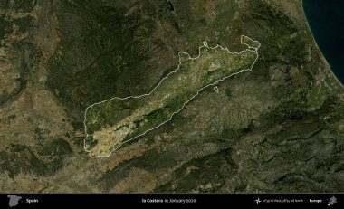 Costera 'da. İspanya 'nın idari alanı, Ocak 2020' de çekilen Global Mozaik Sentinel-2 karolarından oluşan koyu renkli bir uydu görüntüsü üzerinde vurgulandı ve özetlendi.