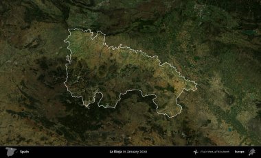 La Rioja. İspanya 'nın idari alanı, Ocak 2020' de çekilen Global Mozaik Sentinel-2 karolarından oluşan koyu renkli bir uydu görüntüsü üzerinde vurgulandı ve özetlendi.