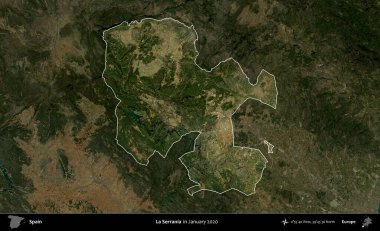 La Serrania 'da. İspanya 'nın idari alanı, Ocak 2020' de çekilen Global Mozaik Sentinel-2 karolarından oluşan koyu renkli bir uydu görüntüsü üzerinde vurgulandı ve özetlendi.