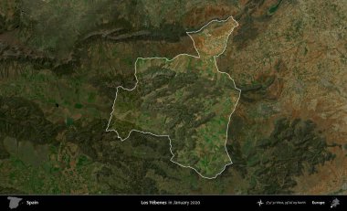Los Yebenes. İspanya 'nın idari alanı, Ocak 2020' de çekilen Global Mozaik Sentinel-2 karolarından oluşan koyu renkli bir uydu görüntüsü üzerinde vurgulandı ve özetlendi.