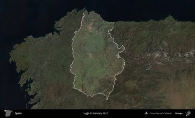 Lugo. İspanya 'nın idari alanı, Ocak 2020' de çekilen Global Mozaik Sentinel-2 karolarından oluşan koyu renkli bir uydu görüntüsü üzerinde vurgulandı ve özetlendi.