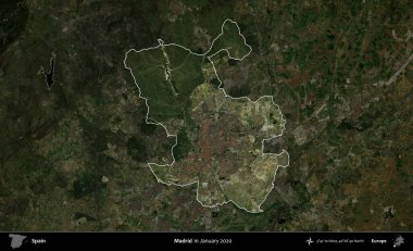 Madrid mi? İspanya 'nın idari alanı, Ocak 2020' de çekilen Global Mozaik Sentinel-2 karolarından oluşan koyu renkli bir uydu görüntüsü üzerinde vurgulandı ve özetlendi.