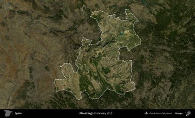 Maestrazgo. İspanya 'nın idari alanı, Ocak 2020' de çekilen Global Mozaik Sentinel-2 karolarından oluşan koyu renkli bir uydu görüntüsü üzerinde vurgulandı ve özetlendi.