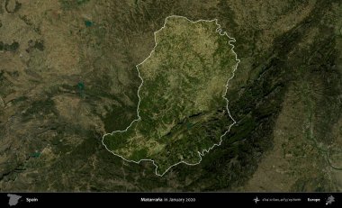 Matarrana. İspanya 'nın idari alanı, Ocak 2020' de çekilen Global Mozaik Sentinel-2 karolarından oluşan koyu renkli bir uydu görüntüsü üzerinde vurgulandı ve özetlendi.