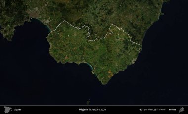 Migjorn. İspanya 'nın idari alanı, Ocak 2020' de çekilen Global Mozaik Sentinel-2 karolarından oluşan koyu renkli bir uydu görüntüsü üzerinde vurgulandı ve özetlendi.