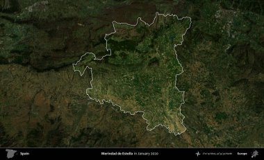 Merindad de Estella 'da. İspanya 'nın idari alanı, Ocak 2020' de çekilen Global Mozaik Sentinel-2 karolarından oluşan koyu renkli bir uydu görüntüsü üzerinde vurgulandı ve özetlendi.