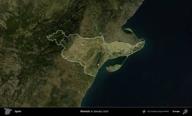 Montsia. İspanya 'nın idari alanı, Ocak 2020' de çekilen Global Mozaik Sentinel-2 karolarından oluşan koyu renkli bir uydu görüntüsü üzerinde vurgulandı ve özetlendi.