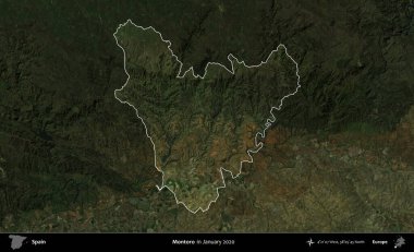 Montoro 'da. İspanya 'nın idari alanı, Ocak 2020' de çekilen Global Mozaik Sentinel-2 karolarından oluşan koyu renkli bir uydu görüntüsü üzerinde vurgulandı ve özetlendi.