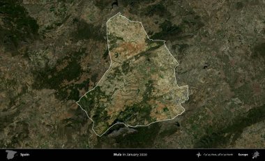 Mula. İspanya 'nın idari alanı, Ocak 2020' de çekilen Global Mozaik Sentinel-2 karolarından oluşan koyu renkli bir uydu görüntüsü üzerinde vurgulandı ve özetlendi.