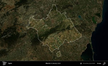 Murcia. İspanya 'nın idari alanı, Ocak 2020' de çekilen Global Mozaik Sentinel-2 karolarından oluşan koyu renkli bir uydu görüntüsü üzerinde vurgulandı ve özetlendi.