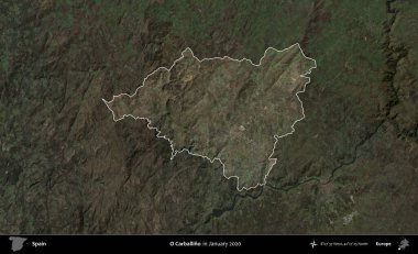 O Carballino. İspanya 'nın idari alanı, Ocak 2020' de çekilen Global Mozaik Sentinel-2 karolarından oluşan koyu renkli bir uydu görüntüsü üzerinde vurgulandı ve özetlendi.