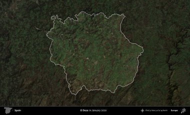 O Deza. İspanya 'nın idari alanı, Ocak 2020' de çekilen Global Mozaik Sentinel-2 karolarından oluşan koyu renkli bir uydu görüntüsü üzerinde vurgulandı ve özetlendi.