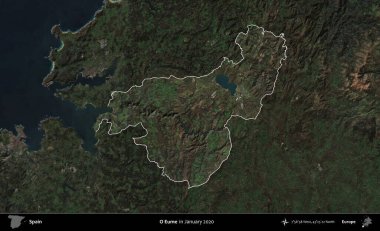 O Eume. İspanya 'nın idari alanı, Ocak 2020' de çekilen Global Mozaik Sentinel-2 karolarından oluşan koyu renkli bir uydu görüntüsü üzerinde vurgulandı ve özetlendi.