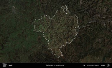 O 's Ancare. İspanya 'nın idari alanı, Ocak 2020' de çekilen Global Mozaik Sentinel-2 karolarından oluşan koyu renkli bir uydu görüntüsü üzerinde vurgulandı ve özetlendi.