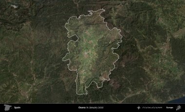 Osona. İspanya 'nın idari alanı, Ocak 2020' de çekilen Global Mozaik Sentinel-2 karolarından oluşan koyu renkli bir uydu görüntüsü üzerinde vurgulandı ve özetlendi.