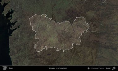 Bizim hakkımız. İspanya 'nın idari alanı, Ocak 2020' de çekilen Global Mozaik Sentinel-2 karolarından oluşan koyu renkli bir uydu görüntüsü üzerinde vurgulandı ve özetlendi.