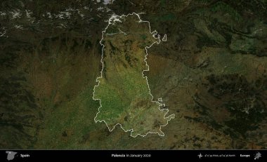 Palencia 'da. İspanya 'nın idari alanı, Ocak 2020' de çekilen Global Mozaik Sentinel-2 karolarından oluşan koyu renkli bir uydu görüntüsü üzerinde vurgulandı ve özetlendi.