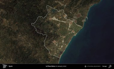 la Plana Baixa. İspanya 'nın idari alanı, Ocak 2020' de çekilen Global Mozaik Sentinel-2 karolarından oluşan koyu renkli bir uydu görüntüsü üzerinde vurgulandı ve özetlendi.