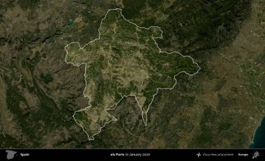İskeleler. İspanya 'nın idari alanı, Ocak 2020' de çekilen Global Mozaik Sentinel-2 karolarından oluşan koyu renkli bir uydu görüntüsü üzerinde vurgulandı ve özetlendi.
