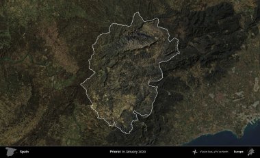 Priorat. İspanya 'nın idari alanı, Ocak 2020' de çekilen Global Mozaik Sentinel-2 karolarından oluşan koyu renkli bir uydu görüntüsü üzerinde vurgulandı ve özetlendi.