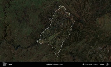 Quiroga. İspanya 'nın idari alanı, Ocak 2020' de çekilen Global Mozaik Sentinel-2 karolarından oluşan koyu renkli bir uydu görüntüsü üzerinde vurgulandı ve özetlendi.