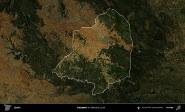 Requena. İspanya 'nın idari alanı, Ocak 2020' de çekilen Global Mozaik Sentinel-2 karolarından oluşan koyu renkli bir uydu görüntüsü üzerinde vurgulandı ve özetlendi.