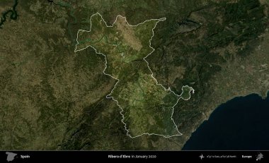 Ribera d'Ebre. İspanya 'nın idari alanı, Ocak 2020' de çekilen Global Mozaik Sentinel-2 karolarından oluşan koyu renkli bir uydu görüntüsü üzerinde vurgulandı ve özetlendi.