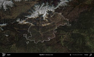 Ripolles. İspanya 'nın idari alanı, Ocak 2020' de çekilen Global Mozaik Sentinel-2 karolarından oluşan koyu renkli bir uydu görüntüsü üzerinde vurgulandı ve özetlendi.