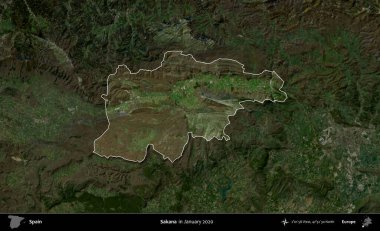 Sakana. İspanya 'nın idari alanı, Ocak 2020' de çekilen Global Mozaik Sentinel-2 karolarından oluşan koyu renkli bir uydu görüntüsü üzerinde vurgulandı ve özetlendi.