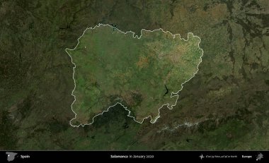 Salamanca. İspanya 'nın idari alanı, Ocak 2020' de çekilen Global Mozaik Sentinel-2 karolarından oluşan koyu renkli bir uydu görüntüsü üzerinde vurgulandı ve özetlendi.