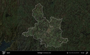 Santiago mu? İspanya 'nın idari alanı, Ocak 2020' de çekilen Global Mozaik Sentinel-2 karolarından oluşan koyu renkli bir uydu görüntüsü üzerinde vurgulandı ve özetlendi.