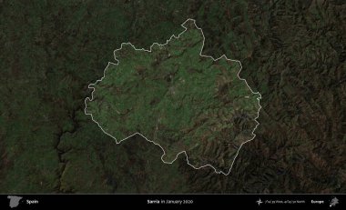 Sarria. İspanya 'nın idari alanı, Ocak 2020' de çekilen Global Mozaik Sentinel-2 karolarından oluşan koyu renkli bir uydu görüntüsü üzerinde vurgulandı ve özetlendi.