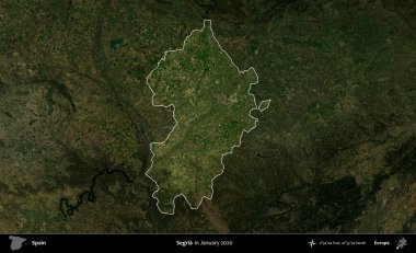 Segria. İspanya 'nın idari alanı, Ocak 2020' de çekilen Global Mozaik Sentinel-2 karolarından oluşan koyu renkli bir uydu görüntüsü üzerinde vurgulandı ve özetlendi.