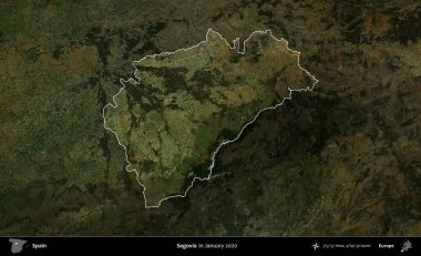 Segovia 'da. İspanya 'nın idari alanı, Ocak 2020' de çekilen Global Mozaik Sentinel-2 karolarından oluşan koyu renkli bir uydu görüntüsü üzerinde vurgulandı ve özetlendi.