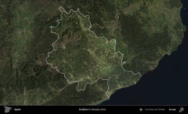 la Selva. İspanya 'nın idari alanı, Ocak 2020' de çekilen Global Mozaik Sentinel-2 karolarından oluşan koyu renkli bir uydu görüntüsü üzerinde vurgulandı ve özetlendi.