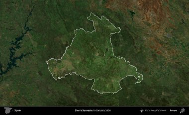 Sierra Suroeste. İspanya 'nın idari alanı, Ocak 2020' de çekilen Global Mozaik Sentinel-2 karolarından oluşan koyu renkli bir uydu görüntüsü üzerinde vurgulandı ve özetlendi.