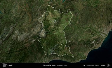 Sierra de las Nieves. İspanya 'nın idari alanı, Ocak 2020' de çekilen Global Mozaik Sentinel-2 karolarından oluşan koyu renkli bir uydu görüntüsü üzerinde vurgulandı ve özetlendi.