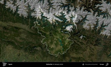 Sobrarbe. İspanya 'nın idari alanı, Ocak 2020' de çekilen Global Mozaik Sentinel-2 karolarından oluşan koyu renkli bir uydu görüntüsü üzerinde vurgulandı ve özetlendi.