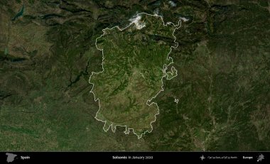 Solone 'lar. İspanya 'nın idari alanı, Ocak 2020' de çekilen Global Mozaik Sentinel-2 karolarından oluşan koyu renkli bir uydu görüntüsü üzerinde vurgulandı ve özetlendi.
