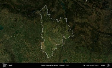Somontano de Barbastro. İspanya 'nın idari alanı, Ocak 2020' de çekilen Global Mozaik Sentinel-2 karolarından oluşan koyu renkli bir uydu görüntüsü üzerinde vurgulandı ve özetlendi.