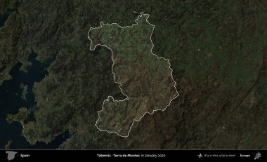 Tabeiros - Terra de Montes. İspanya 'nın idari alanı, Ocak 2020' de çekilen Global Mozaik Sentinel-2 karolarından oluşan koyu renkli bir uydu görüntüsü üzerinde vurgulandı ve özetlendi.
